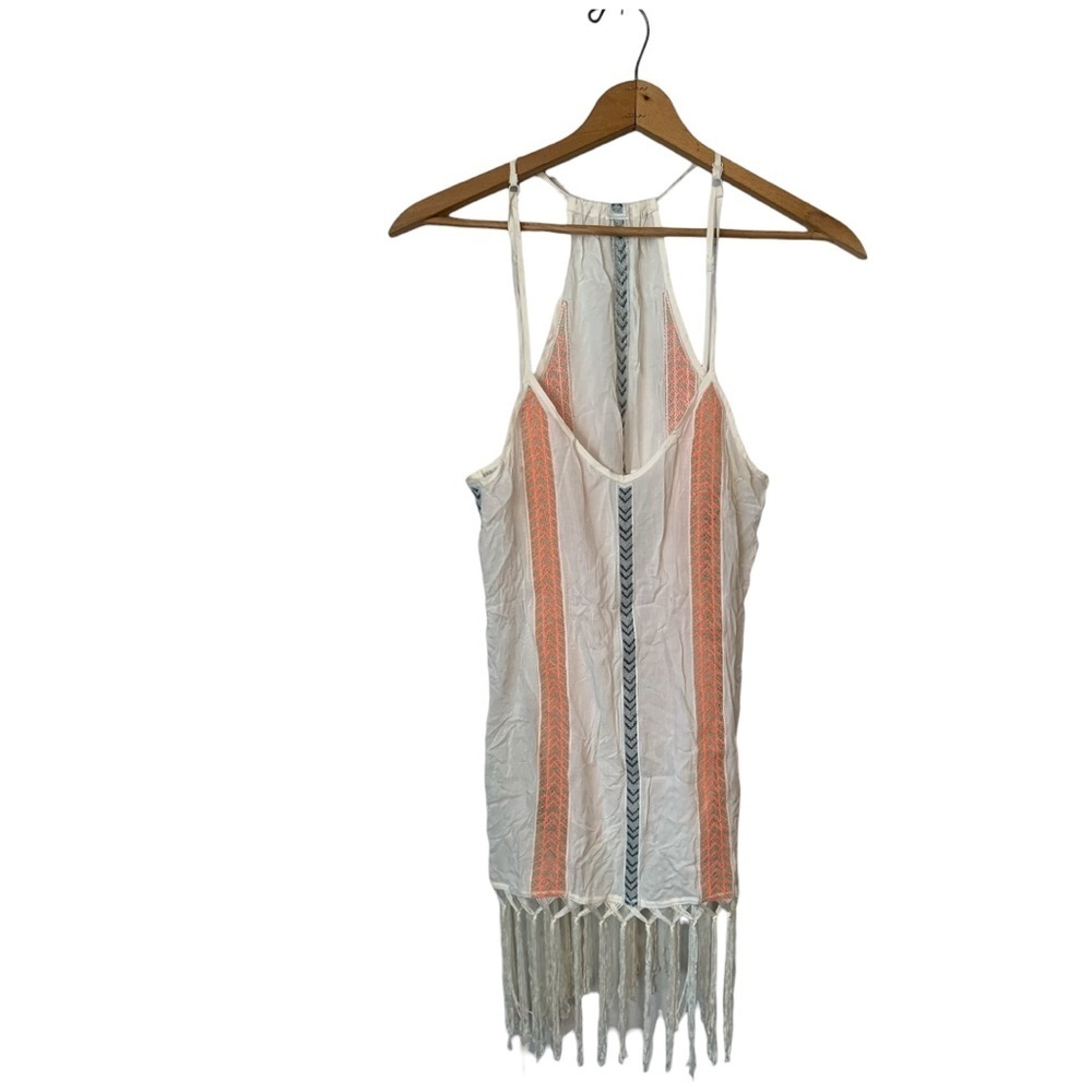 Women’s White Fringe Swim Cover-Up with Coral Stripes